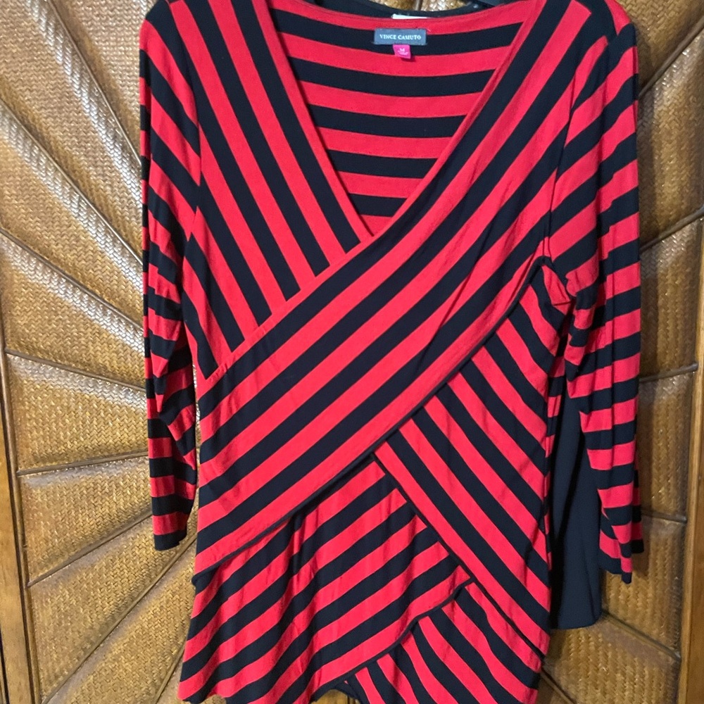 Red and Black Striped V-Neck Top